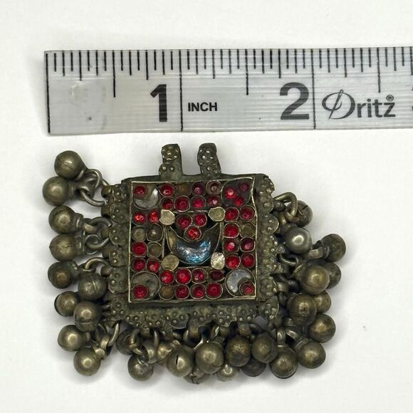 Vintage Kuchi Afghan Prayer Box Pendant with Red Glass Stones & Bells 2” - Picture 5 of 5